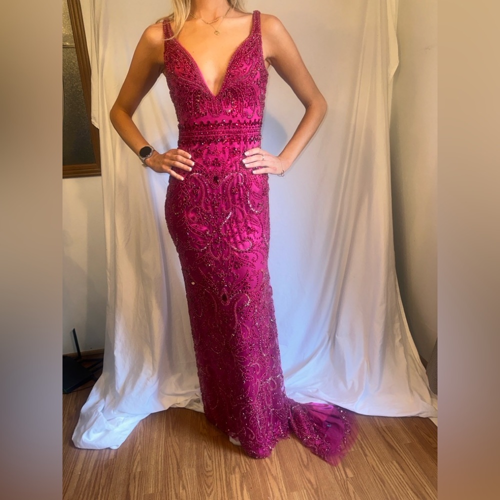 Sherri Hill Magenta Beaded Gown